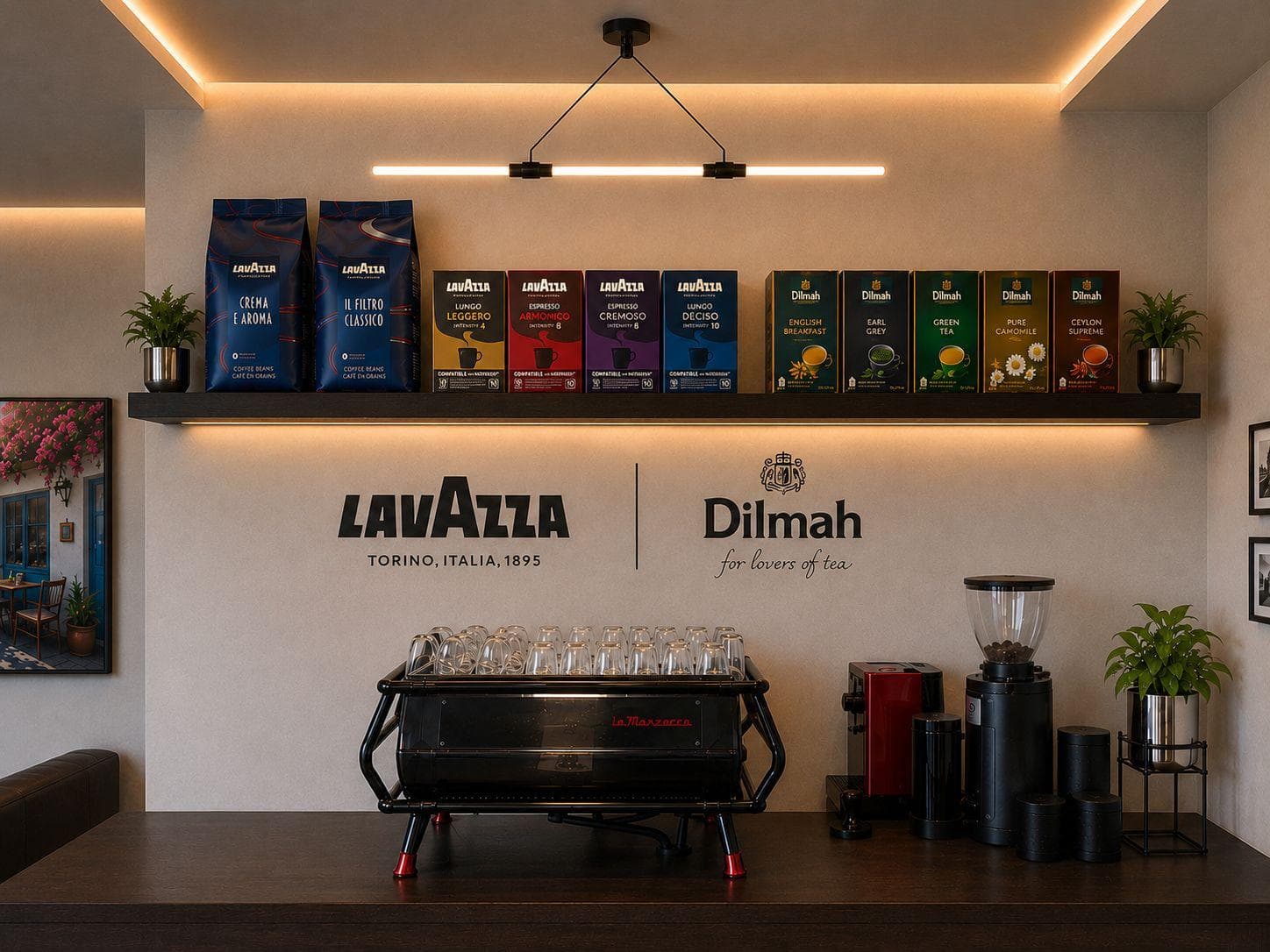 The Chops Barbers coffee bar with a La Marzocco espresso machine and Lavazza and Dilmah branding on the wall